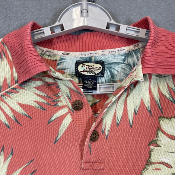 VTG Tommy Bahama Polo Shirt Men Medium Coral Floral Print Hawaiian Cotton Island - Picture 2 of 10